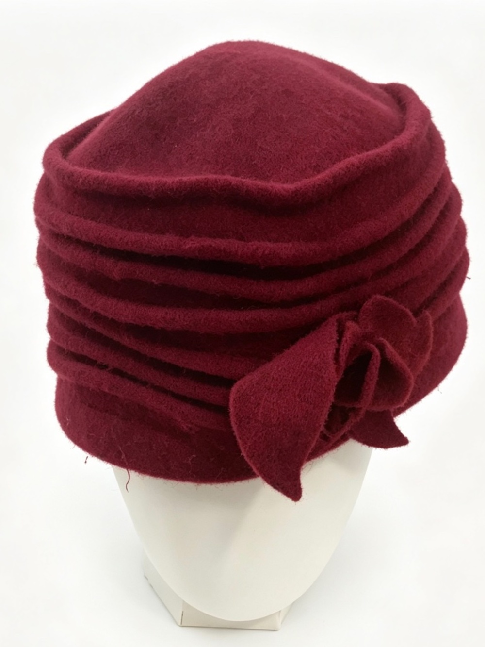 Burgundy 100% Wool Cloche Hat with Fabric Flower